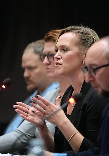 Brandon School Division trustee candidate Bonnie-Lynn Mills speaks to her reasons for running for a position around the board table during the all-candidates forum on Wednesday evening at Brandon University's Evans Theatre. (Matt Goerzen/The Brandon Sun)