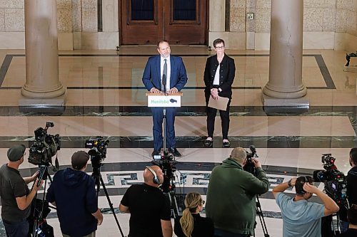 MIKE DEAL / WINNIPEG FREE PRESS
Justice Minister Matt Wiebe, minister responsible for MPI, announces that the Manitoba government has appointed a new board of directors for Manitoba Public Insurance (MPI) during a media call in the rotunda of the Manitoba Legislative building Friday afternoon.
Marnie Kacher, interim CEO of MPI, attended the media call to answer questions.
231020 - Friday, October 20, 2023.