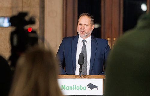 MIKE DEAL / WINNIPEG FREE PRESS
Justice Minister Matt Wiebe, minister responsible for MPI, announces that the Manitoba government has appointed a new board of directors for Manitoba Public Insurance (MPI) during a media call in the rotunda of the Manitoba Legislative building Friday afternoon.
Marnie Kacher, interim CEO of MPI, attended the media call to answer questions.
231020 - Friday, October 20, 2023.