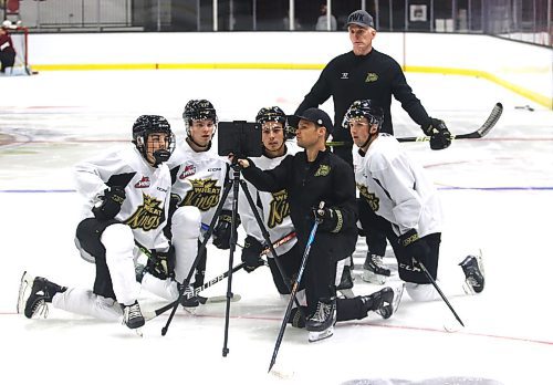 At a skills session in September, Brandon Wheat Kings director of player development Riley Dudar shows video to, from left to right, Jaxon Jacobson, Hayden Wheddon, Dawson Pasternak and  Rylen Roersma as assistant coach Del Pedrick looks on from the background. Dudar has taken the team&#x2019;s teaching to a new technological level. (Perry Bergson/The Brandon Sun)
Oct. 20, 2023