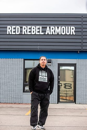 MIKAELA MACKENZIE / WINNIPEG FREE PRESS

Sean Rayland, owner of Red Rebel Armour, at the company&#x2019;s storefront and production space on Century Street on Friday, Oct. 20, 2023. Rayland spent his youth going in and out of prison. Now in his 30s, the father of eight established his clothing business in 2018 after deciding to change the direction of his life. For AV story.
Winnipeg Free Press 2023.