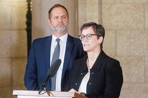 MIKE DEAL / WINNIPEG FREE PRESS
Marnie Kacher, interim CEO of MPI, answers questions regarding the formation of a new board of directors.
Justice Minister Matt Wiebe, minister responsible for MPI, announces that the Manitoba government has appointed a new board of directors for Manitoba Public Insurance (MPI) during a media call in the rotunda of the Manitoba Legislative building Friday afternoon.
231020 - Friday, October 20, 2023.