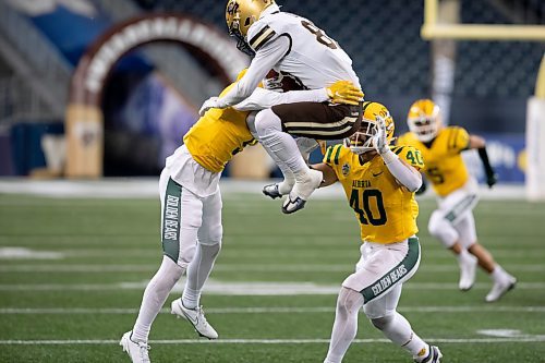 BROOK JONES / WINNIPEG FREE PRESS
The University of Manitoba Bison host the University of Alberta Golden Bears in Canada West football at IG Field in Winnipeg, Man., Friday, Oct. 20, 2023. Pictured: U of M Bisons receiver Michael O'Shea Jr. (middle), tries to hurdle over U of A Golden Bears players defensive back Romeo Nash (left) and linebacker Riess Flunder (right) during second quarter action. The Golden Bears earned a 35 to 25 victory over the Bisons.