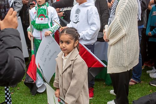 BROOK JONES / WINNIPEG FREE PRESS
A child is pictured as hundreds of people gathering for the All Out For Palestine rally at Memorial Park in Winnipeg, Man.., Saturday, Oct. 21, 2023. The event also included a march down Broadway Avenue and Main Street as the rally continued at intersection of Portage Avenue and Main Street.
