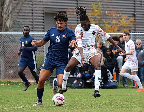 Victor Andrade, left, and the Brandon University Bobcats are set for a rematch against the Canadian Mennonite University Blazers in the MCAC men's soccer semifinals after losing 2-1 in Saturday's game. (Thomas Friesen/The Brandon Sun)