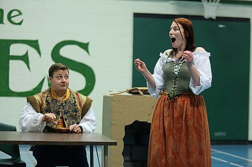Clint McLachlan as Nigel Bottom (left) looks nervously at Nadine McLachlan as Portia (right) during a dress rehearsal of "Something Rotten" at Elton Collegiate on Sunday. Mecca Productions' next musical is set to take the stage at the Western Manitoba Centennial Auditorium from Nov. 2 through 5. (Photos by Colin Slark/The Brandon Sun)
