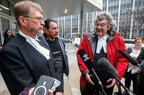 JOHN WOODS / WINNIPEG FREE PRESS
Jerome Kennedy, left, and James Lockyer, lawyers with Innocence Canada, speak about the bail hearing of Clarence Woodhouse outside the Manitoba law courts in Winnipeg as Clarenceճ cousin Brian Anderson, centre, who was exonerated in July for the same crime, listens in after Woodhouseճ bail hearing Monday, October 23, 2023. Woodhouse and three other men were convicted in March 1974 of the 1973 murder of Ting Fong Chan. Two of those men were exonerated of the murder in July, one has died and Woodhouse is the last to have his conviction overturned. 

Reporter: Katrina