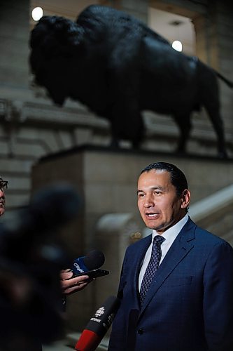 MIKE DEAL / WINNIPEG FREE PRESS
Premier Wab Kinew talks to the media in the Manitoba Legislative building after the swearing in ceremony for NDP MLAs.
231023 - Monday, October 23, 2023.