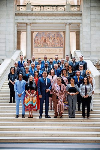 MIKE DEAL / WINNIPEG FREE PRESS
Premier Wab Kinew and all other 33 NDP MLA-elects on the grand staircase at the Manitoba Legislative building after the swearing in ceremony for NDP MLAs.
231023 - Monday, October 23, 2023.