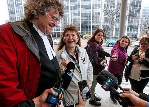 JOHN WOODS / WINNIPEG FREE PRESS
James Lockyer, lawyer with Innocence Canada, and Linda Anderson, Clarence Woodhouse&#x573; sister, speak about the bail hearing of Clarence Woodhouse outside the Manitoba law courts in Winnipeg, Monday, October 23, 2023. Woodhouse and three other men were convicted 49 years ago of the murder of Ting Fong Chan . Two of those men were exonerated of the murder in July, one has died and Woodhouse is the last to have his conviction overturned. 

Reporter: Katrina