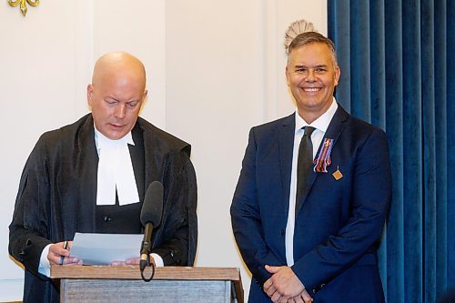 MIKE DEAL / WINNIPEG FREE PRESS
Robert Loiselle during the swearing in ceremony, with officiating being done by Rick Yarish, Deputy Clerk at Manitoba Legislative Assembly.
Premier Wab Kinew and all other 33 NDP MLA-elects attend Room 200 in the Manitoba Legislative building for the swearing in ceremony for NDP MLAs.
231023 - Monday, October 23, 2023.
