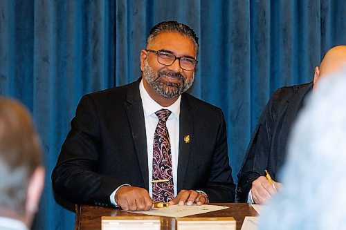 MIKE DEAL / WINNIPEG FREE PRESS
Mintu Sandhu during the swearing in ceremony, with officiating being done by Rick Yarish, Deputy Clerk at Manitoba Legislative Assembly.
Premier Wab Kinew and all other 33 NDP MLA-elects attend Room 200 in the Manitoba Legislative building for the swearing in ceremony for NDP MLAs.
231023 - Monday, October 23, 2023.