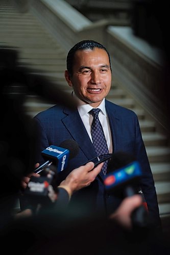 MIKE DEAL / WINNIPEG FREE PRESS
Premier Wab Kinew talks to the media in the Manitoba Legislative building after the swearing in ceremony for NDP MLAs.
231023 - Monday, October 23, 2023.