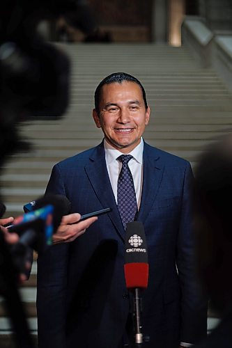 MIKE DEAL / WINNIPEG FREE PRESS
Premier Wab Kinew talks to the media in the Manitoba Legislative building after the swearing in ceremony for NDP MLAs.
231023 - Monday, October 23, 2023.