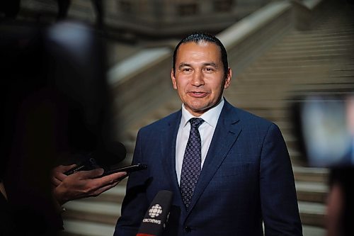 MIKE DEAL / WINNIPEG FREE PRESS
Premier Wab Kinew talks to the media in the Manitoba Legislative building after the swearing in ceremony for NDP MLAs.
231023 - Monday, October 23, 2023.