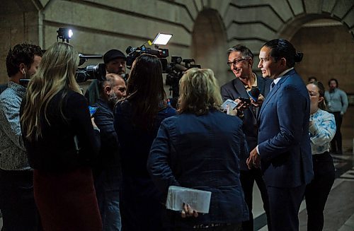 MIKE DEAL / WINNIPEG FREE PRESS
Premier Wab Kinew talks to the media in the Manitoba Legislative building after the swearing in ceremony for NDP MLAs.
231023 - Monday, October 23, 2023.