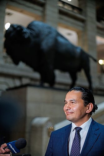 MIKE DEAL / WINNIPEG FREE PRESS
Premier Wab Kinew talks to the media in the Manitoba Legislative building after the swearing in ceremony for NDP MLAs.
231023 - Monday, October 23, 2023.