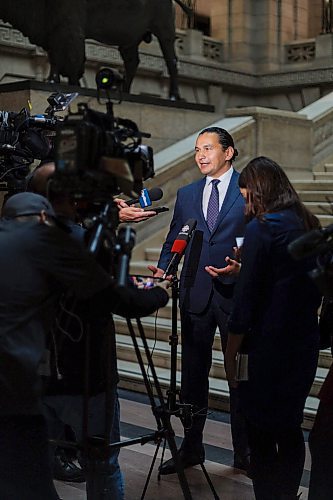 MIKE DEAL / WINNIPEG FREE PRESS
Premier Wab Kinew talks to the media in the Manitoba Legislative building after the swearing in ceremony for NDP MLAs.
231023 - Monday, October 23, 2023.