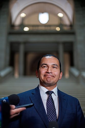 MIKE DEAL / WINNIPEG FREE PRESS
Premier Wab Kinew talks to the media in the Manitoba Legislative building after the swearing in ceremony for NDP MLAs.
231023 - Monday, October 23, 2023.