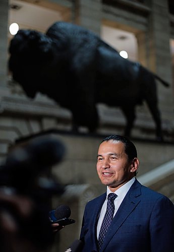 MIKE DEAL / WINNIPEG FREE PRESS
Premier Wab Kinew talks to the media in the Manitoba Legislative building after the swearing in ceremony for NDP MLAs.
231023 - Monday, October 23, 2023.