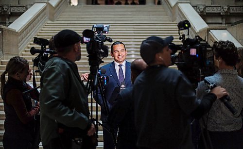 MIKE DEAL / WINNIPEG FREE PRESS
Premier Wab Kinew talks to the media in the Manitoba Legislative building after the swearing in ceremony for NDP MLAs.
231023 - Monday, October 23, 2023.