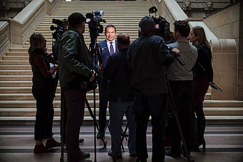 MIKE DEAL / WINNIPEG FREE PRESS
Premier Wab Kinew talks to the media in the Manitoba Legislative building after the swearing in ceremony for NDP MLAs.
231023 - Monday, October 23, 2023.