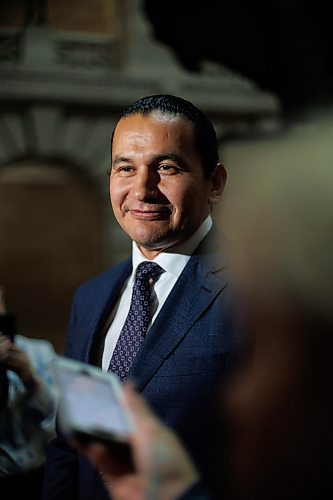 MIKE DEAL / WINNIPEG FREE PRESS
Premier Wab Kinew talks to the media in the Manitoba Legislative building after the swearing in ceremony for NDP MLAs.
231023 - Monday, October 23, 2023.