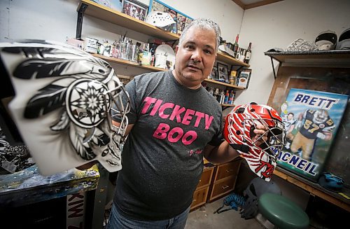 JOHN WOODS / WINNIPEG FREE PRESS
Tony Bage, founder of Wicked Goalie, works on his latest creation in his home studio in Winnipeg Monday, October 23, 2023. Bage has been airbrushing hockey masks and other things like motorcycles for close to 30 years.

Reporter: sanderson