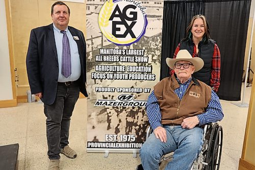 Provincial Exhibition of Manitoba general manager Mark Humphries; Show chair Dallas Johnston; and Provincial Exhibition of Manitoba Program and Volunteer manager Kristen Laing Breemersch (at the back of Johnston) at the AG Livestock Exhibitors Night on Tuesday at the Dome building in Brandon. (Abiola Odutola/The Brandon Sun)

