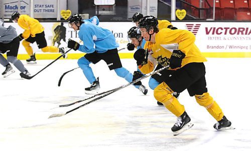 Brandon Wheat Kings captain Nate Danielson, on the right in yellow, skates during a drill at practice at Westoba Place on Tuesday. It was the first ice time for Danielson in Brandon since training camp after he received a long look from the National Hockey League's Detroit Red Wings. (Perry Bergson/The Brandon Sun)
Oct. 24, 2023