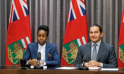 MIKE DEAL / WINNIPEG FREE PRESS
Premier Wab Kinew and Health Minister Uzoma Asagwara release an open letter to the works in the provinces health care community during a press conference at the Manitoba Legislative building Tuesday morning.
231024 - Tuesday, October 24, 2023.