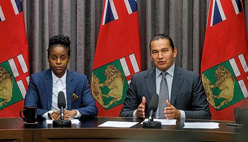 MIKE DEAL / WINNIPEG FREE PRESS
Premier Wab Kinew and Health Minister Uzoma Asagwara release an open letter to the works in the provinces health care community during a press conference at the Manitoba Legislative building Tuesday morning.
231024 - Tuesday, October 24, 2023.