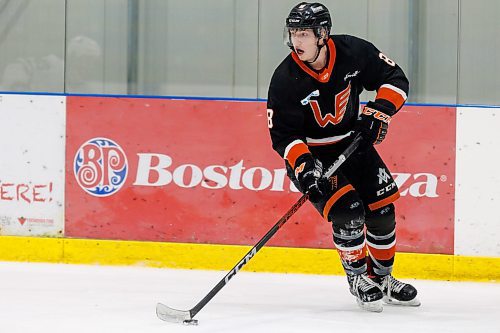 MIKE DEAL / WINNIPEG FREE PRESS
Winkler Flyers&#x2019; Connor Jensen (8) with the puck during game action against the Dauphin Kings at the Seven Oaks Sportsplex Tuesday afternoon.
See Mike Sawatzky story
231024 - Tuesday, October 24, 2023.