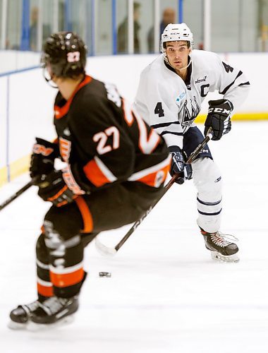 MIKE DEAL / WINNIPEG FREE PRESS
Dauphin Kings&#x2019; Aiden Brook (4) during play against the Winkler Flyers at the Seven Oaks Sportsplex Tuesday afternoon.
See Mike Sawatzky story
231024 - Tuesday, October 24, 2023.