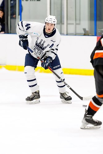 MIKE DEAL / WINNIPEG FREE PRESS
Dauphin Kings&#x2019; Nolan Wickham (44) during play against the Winkler Flyers at the Seven Oaks Sportsplex Tuesday afternoon.
See Mike Sawatzky story
231024 - Tuesday, October 24, 2023.