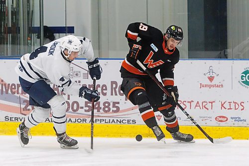 MIKE DEAL / WINNIPEG FREE PRESS
Dauphin Kings&#x2019; Aiden Brook (4) battles for the puck against Winkler Flyers&#x2019; Logan Fillion (19) at the Seven Oaks Sportsplex Tuesday afternoon.
See Mike Sawatzky story
231024 - Tuesday, October 24, 2023.