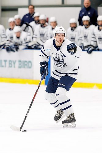 MIKE DEAL / WINNIPEG FREE PRESS
Dauphin Kings&#x2019; Nolan Wickham (44) directs play against the Winkler Flyers at the Seven Oaks Sportsplex Tuesday afternoon.
See Mike Sawatzky story
231024 - Tuesday, October 24, 2023.