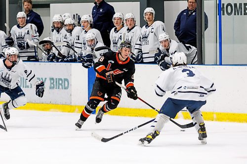 MIKE DEAL / WINNIPEG FREE PRESS
Winkler Flyers&#x2019; Nicholas McKee (28) during game action against the Dauphin Kings at the Seven Oaks Sportsplex Tuesday afternoon.
See Mike Sawatzky story
231024 - Tuesday, October 24, 2023.