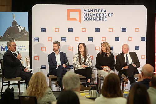MIKE DEAL / WINNIPEG FREE PRESS

(L-r) Host Chuck Davidson , President and CEO of The Manitoba Chambers of Commerce, talks to panel members Nick Hays, Winnipeg Airports Authority&#x2019;s CEO, Holly Courchene, Indigenous Tourism Manitoba&#x2019;s CEO, Karly McRae, owner of Lakehouse Properties, and Colin Ferguson, Travel Manitoba&#x2019;s CEO, during a future of tourism breakfast event at Delta Hotels Winnipeg, 350 St. Mary Avenue, Wednesday morning. 
231025 - Wednesday, October 25, 2023. 