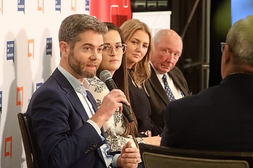 MIKE DEAL / WINNIPEG FREE PRESS
(L-r) Nick Hays, Winnipeg Airports Authority’s CEO, Holly Courchene, Indigenous Tourism Manitoba’s CEO, Karly McRae, owner of Lakehouse Properties, and Colin Ferguson, Travel Manitoba’s CEO on a panel hosted by Chuck Davidson , President and CEO of The Manitoba Chambers of Commerce during a future of tourism breakfast event at Delta Hotels Winnipeg, 350 St. Mary Avenue, Wednesday morning.
231025 - Wednesday, October 25, 2023.