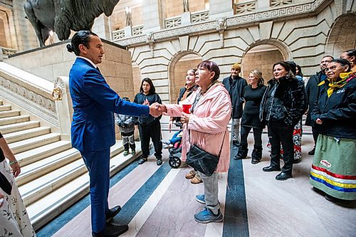 MIKAELA MACKENZIE / WINNIPEG FREE PRESS

Premier Wab Kinew and fellow NDP ministers meet with family members of Morgan Harris and Marcedes Myran, chief Kyra Wilson, and chief Kathy Merrick at the Manitoba Legislative Building on Thursday, Oct. 26, 2023. For Chris story.
Winnipeg Free Press 2023.