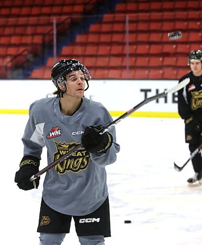 Brandon Wheat Kings forward Jayden Wiens flips the puck high in the air and catches it with the blade of his stick after practice at Westoba Place on Thursday. The former Saskatoon Blade faces his former team for the first time tonight. The puck drops at Westoba Place at 7 p.m. (Perry Bergson/The Brandon Sun)
Oct. 27, 2023