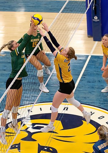 Alberta Pandas Ronnie Dickson, left, and Brandon's Carly Thomson joust for the ball in Canada West women's volleyball action at the Healthy Living Centre on Friday. Alberta won 3-0. See Page B1 for the story. (Thomas Friesen/The Brandon Sun)