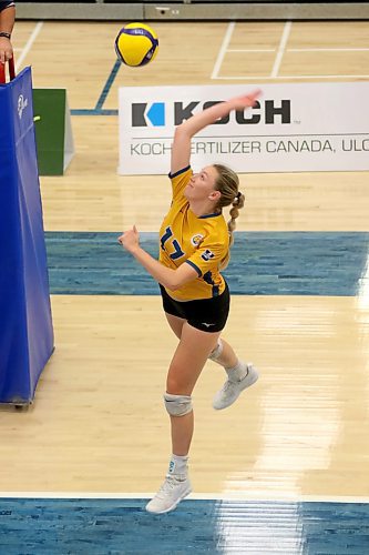 Camryn Hildebrand had five kills and three blocks in the Brandon University Bobcats Canada West women's volleyball home opener against the Alberta Pandas at the Healthy Living Centre on Friday. (Thomas Friesen/The Brandon Sun)