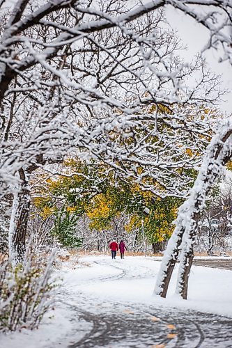 MIKAELA MACKENZIE / WINNIPEG FREE PRESS

Folks walk along the Assiniboine River, with green leaves still hanging on to some trees despite the recent snowfall, on Friday, Oct. 27, 2023. Standup.
Winnipeg Free Press 2023.