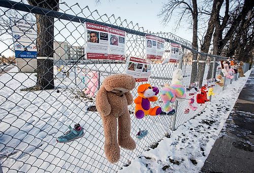 JOHN WOODS / WINNIPEG FREE PRESS
Toys and signs are hung from a fence at the Asper Jewish Community Campus in Winnipeg Sunday, October  29, 2023. 

Reporter: searle