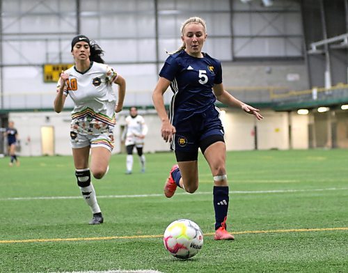 Brogan Henry, right, of the Brandon University Bobcats scored less than a minute after CMU's only goal of their MCAC women's soccer semifinal at WSF Soccer South on Monday. (Thomas Friesen/The Brandon Sun)