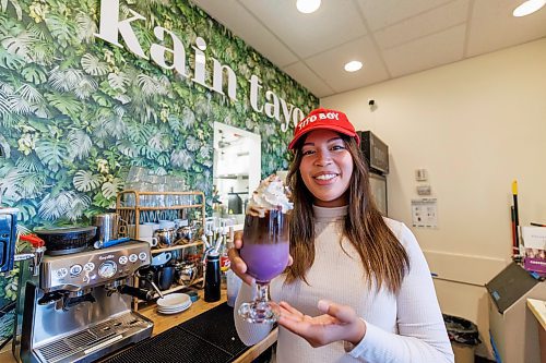 MIKE DEAL / WINNIPEG FREE PRESS
Jackie Wild who owns Tito Boy, a Filipino restaurant in South St. Vital (730 St Anne's Rd.), holds a popular drink, an Ube Iced Latte.
See Eva Wasney story
231025 - Wednesday, October 25, 2023.