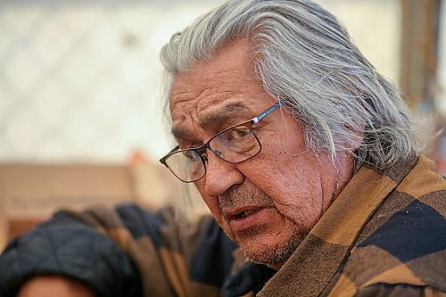 Tom LaFortune in &#x201c;The Shack,&#x201d; his tent setup for wood carving in Victoria, BC, Wednesday, April 19, 2023. LaFortune works closely with Robert Sanderson. (Trevor Hagan / Winnipeg Free Press)