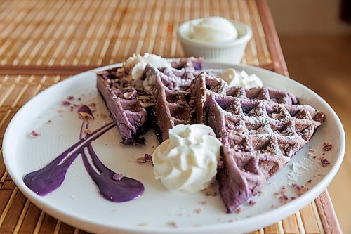 MIKE DEAL / WINNIPEG FREE PRESS
Ube Mochi Waffles - chewy ube-flavoured rice flour waffles finished with ube-infused drizzle. Vegetarian and gluten-free.
Jackie Wild owns Tito Boy, a Filipino restaurant in South St. Vital at 730 St Anne's Rd.
See Eva Wasney story
231025 - Wednesday, October 25, 2023.